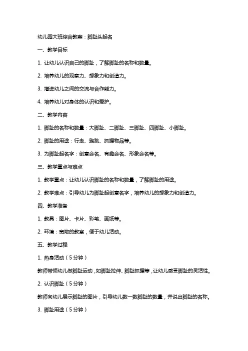 幼儿园大班综合教案：脚趾头起名