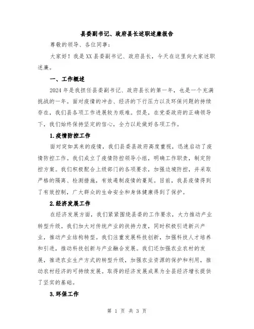 县委副书记、政府县长述职述廉报告