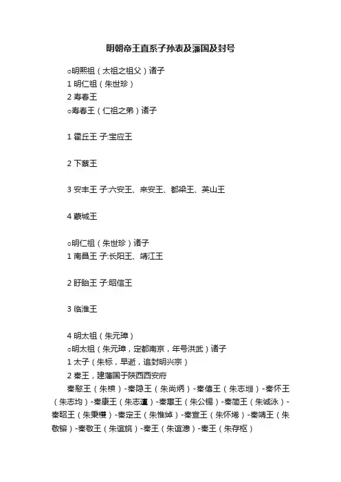 明朝帝王直系子孙表及藩国及封号