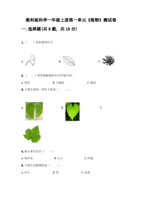 教科版科学一年级上册第一单元《植物》测试卷附参考答案(基础题)