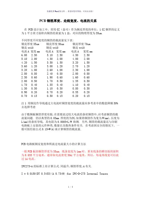 PCB铜箔厚度、走线宽度、电流的关系