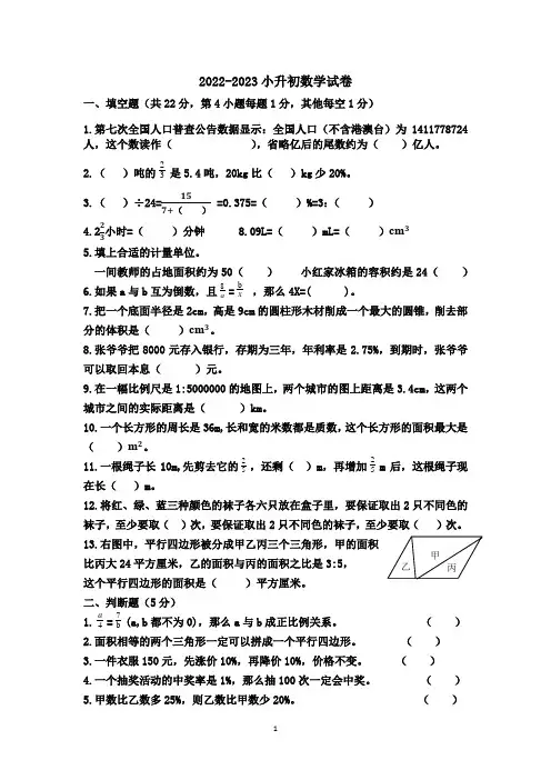 2022-2023人教版 六年级下册数学 小升初试卷 (含答案)