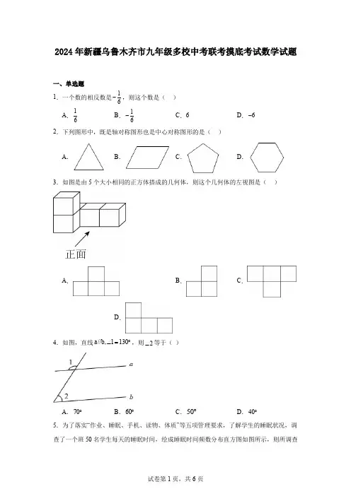 2024年新疆乌鲁木齐市九年级多校中考联考摸底考试数学试题