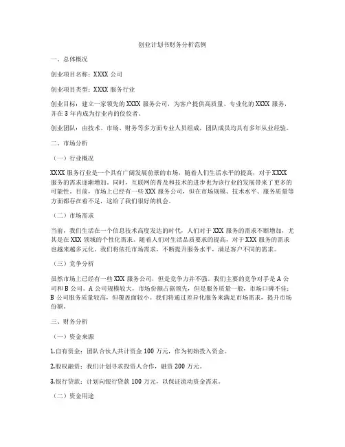 创业计划书财务分析范例