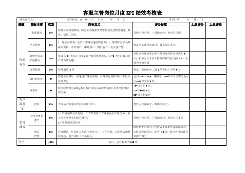 客服主管岗位月度KPI绩效考核表