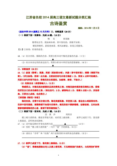名校2014届高三语文最新试题分类汇编：古诗鉴赏