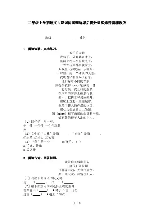 二年级上学期语文古诗词阅读理解课后提升训练题精编湘教版
