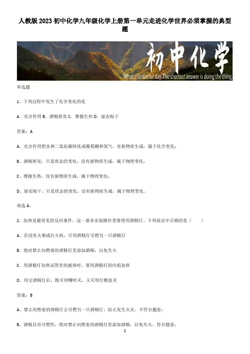 人教版2023初中化学九年级化学上册第一单元走进化学世界必须掌握的典型题