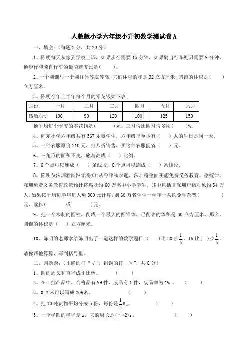人教版小学六年级小升初数学测试卷共10套