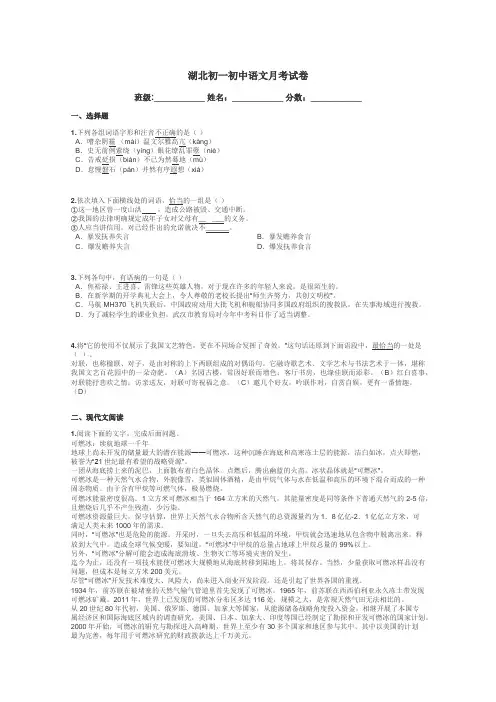 湖北初一初中语文月考试卷带答案解析

