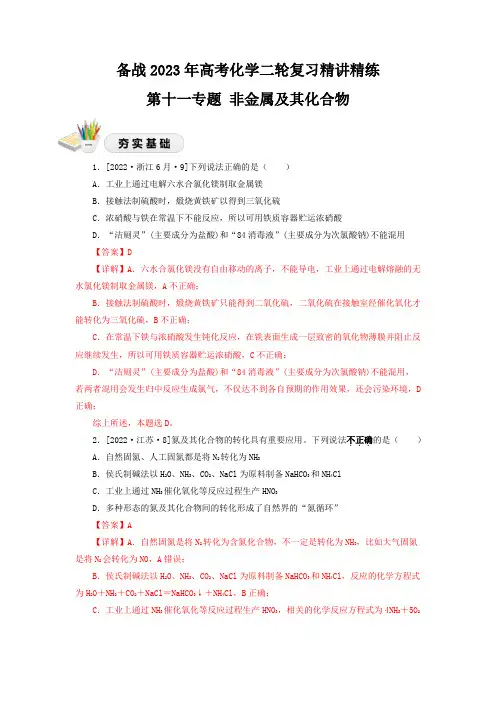 11非金属元素及其化合物(精练)-备战2023年高考化学二轮复习精讲精练