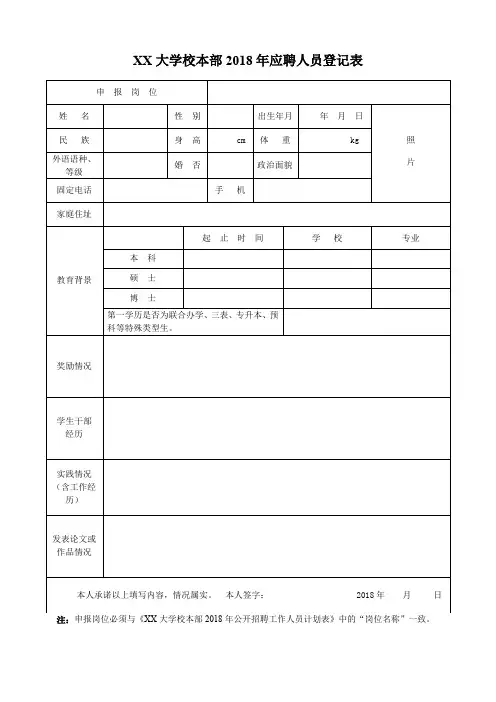 XX大学校本部2018年应聘人员登记表【模板】