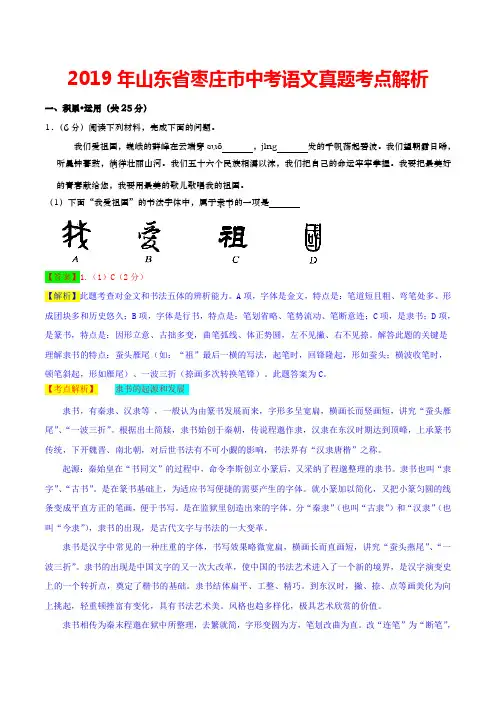 2019年山东省枣庄市中考语文真题考点解析