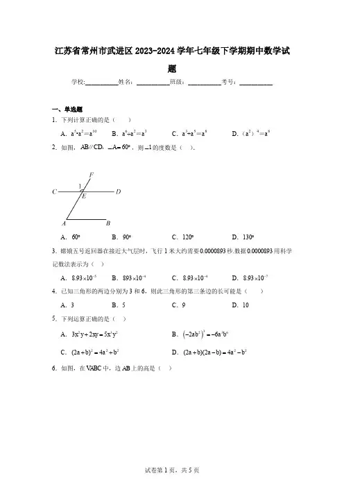 江苏省常州市武进区2023-2024学年七年级下学期期中数学试题