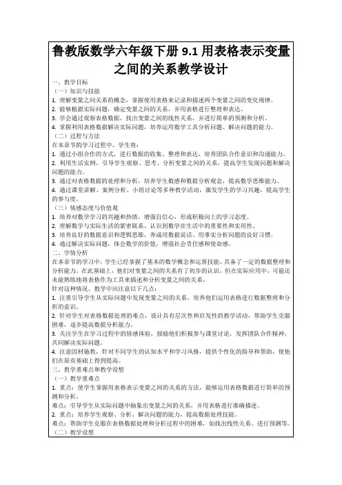 鲁教版数学六年级下册9.1用表格表示变量之间的关系教学设计