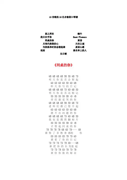 13首歌的10孔布鲁斯口琴BD谱