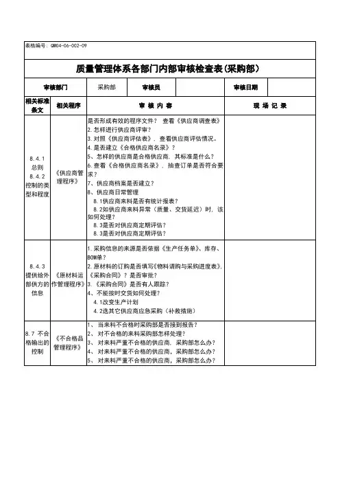 质量管理体系各部门内部审核检查表(采购部)
