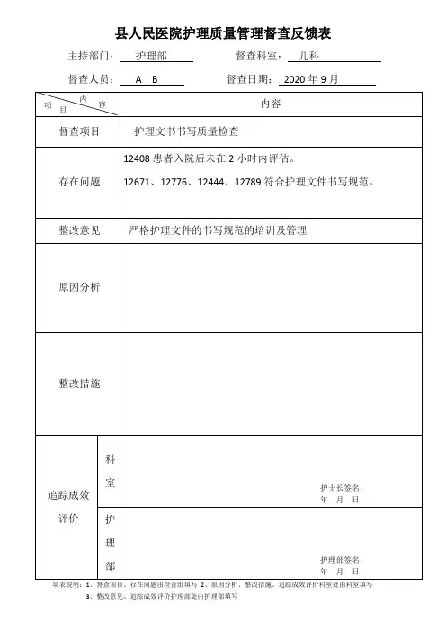 医院护理文件书写督查反馈表