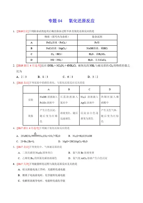 (2017-2019)高考化学真题分类汇编专题04氧化还原反应(学生版)