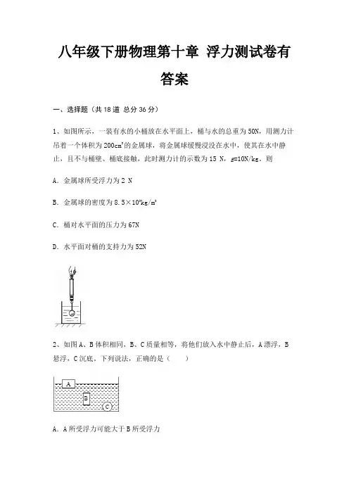 八年级下册物理第十章 浮力测试卷有答案