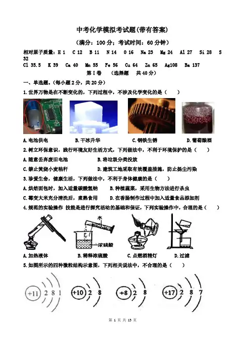 中考化学模拟考试题(带有答案)