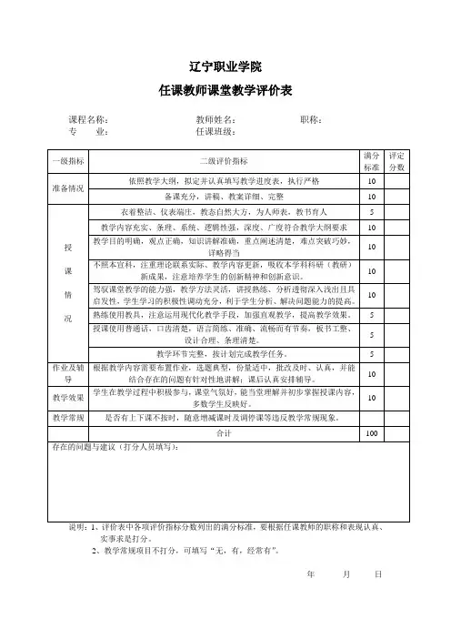 任课教师课堂教学评价表