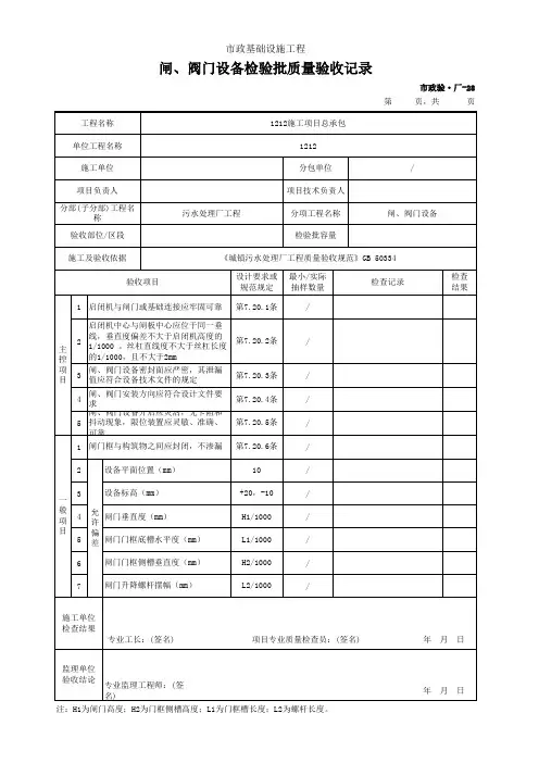 闸、阀门设备检验批质量验收记录(市政)