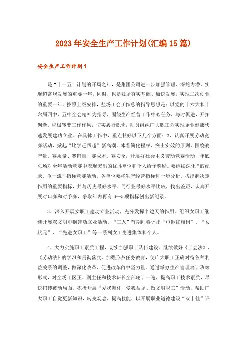 2023年安全生产工作计划(汇编15篇)