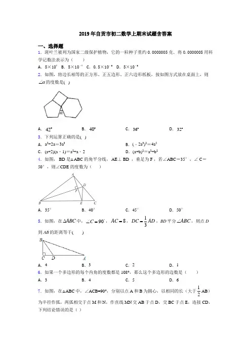 2019年自贡市初二数学上期末试题含答案