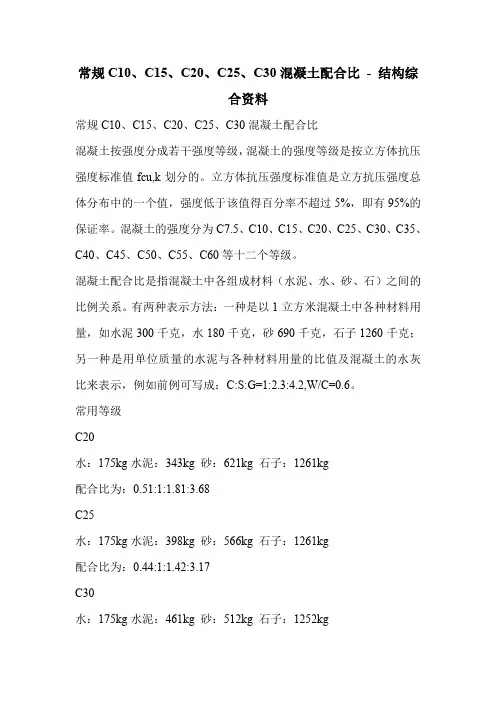 常规C10、C15、C20、C25、C30混凝土配合比