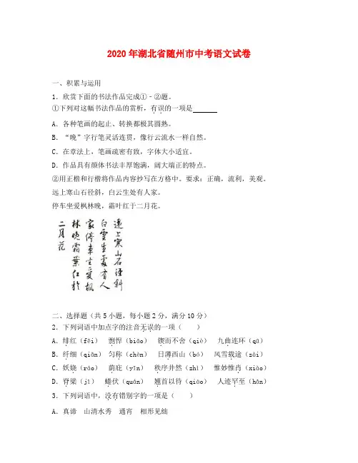 湖北省随州市2020年中考语文真题试题(含解析)