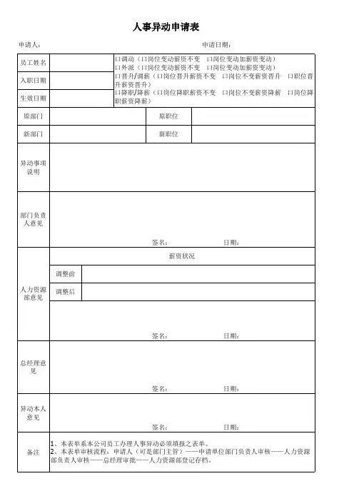 门店人事异动申请表(调动、外派、晋升、调薪、降职、降薪)
