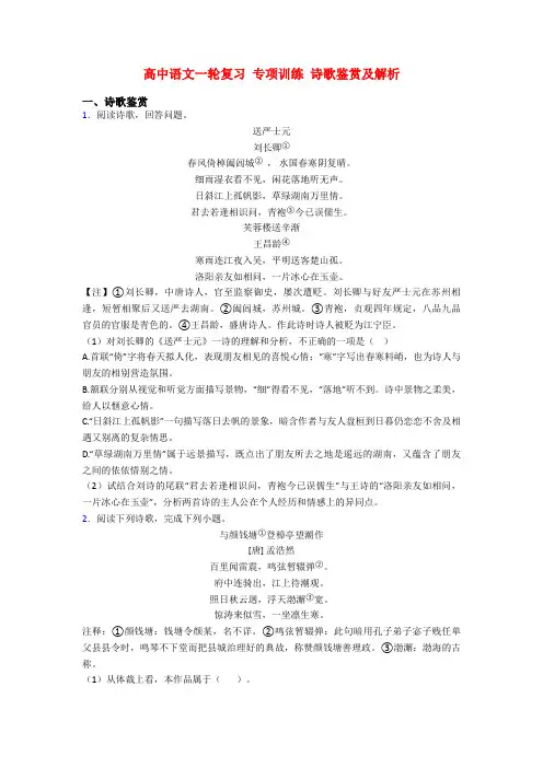 高中语文一轮复习 专项训练 诗歌鉴赏及解析