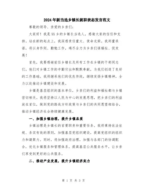 2024年新当选乡镇长就职表态发言范文