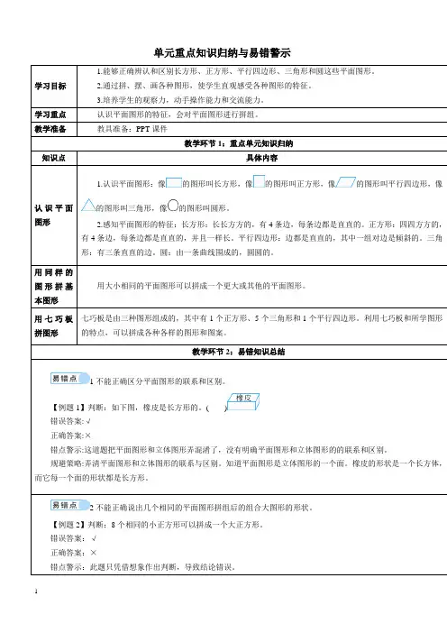 人教版一年级数学下册1 认识图形(二)导学案单元重点知识归纳与易错警示