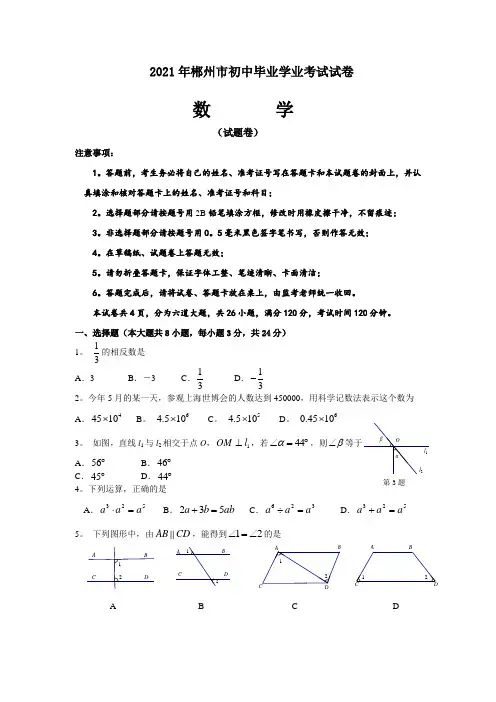 [2021年]郴州市中考数学试卷及解析
