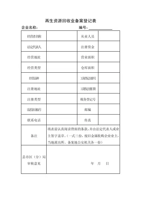再生资源回收业备案登记表