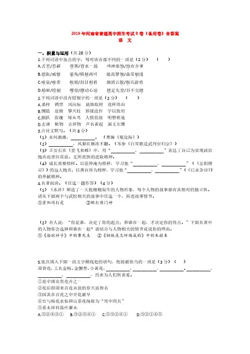 2019年河南省普通高中招生考试B卷(备用卷)语文试卷含答案