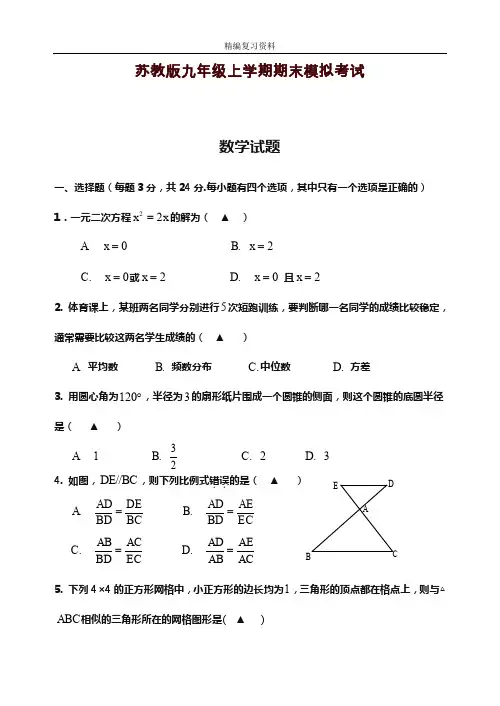 2019—2020年新苏教版九年级数学上册(第一学期)期末模拟测试卷及答案解析(试题).doc