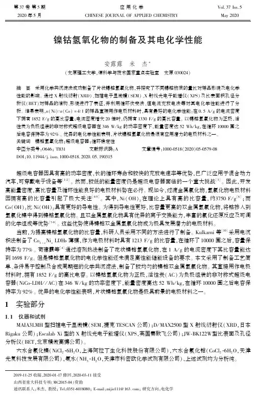 镍钴氢氧化物的制备及其电化学性能