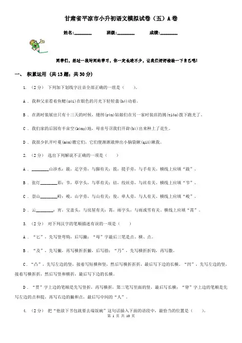 甘肃省平凉市小升初语文模拟试卷(五)A卷
