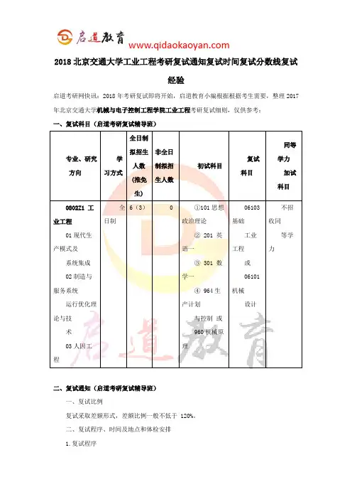 2018北京交通大学工业工程考研复试通知复试时间复试分数线复试经验