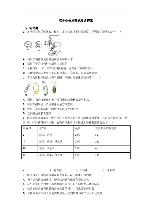 初中生物压轴试卷含答案