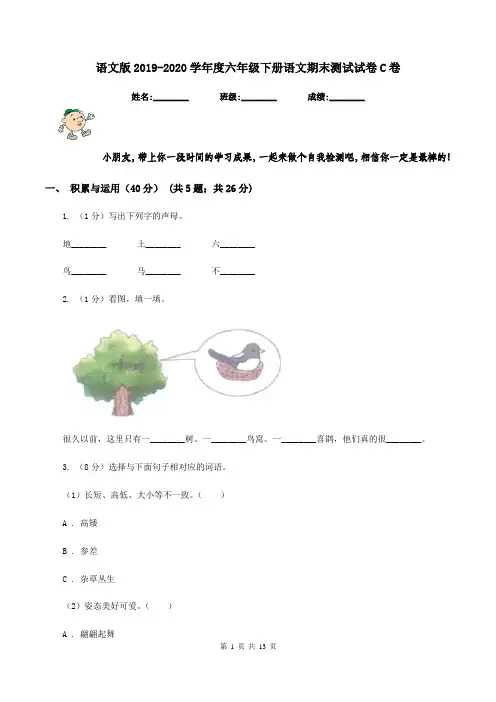 语文版2019-2020学年度六年级下册语文期末测试试卷C卷