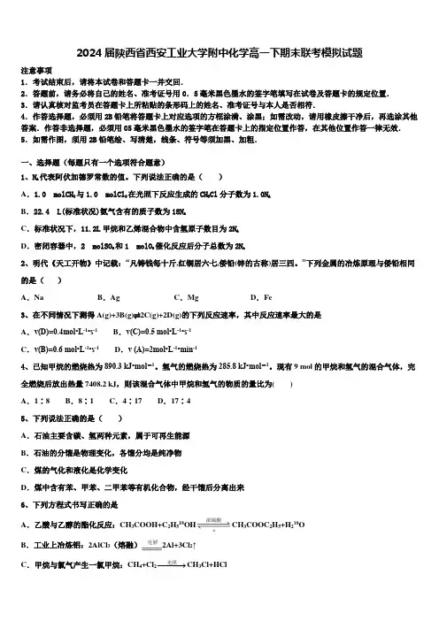 2024届陕西省西安工业大学附中化学高一下期末联考模拟试题含解析