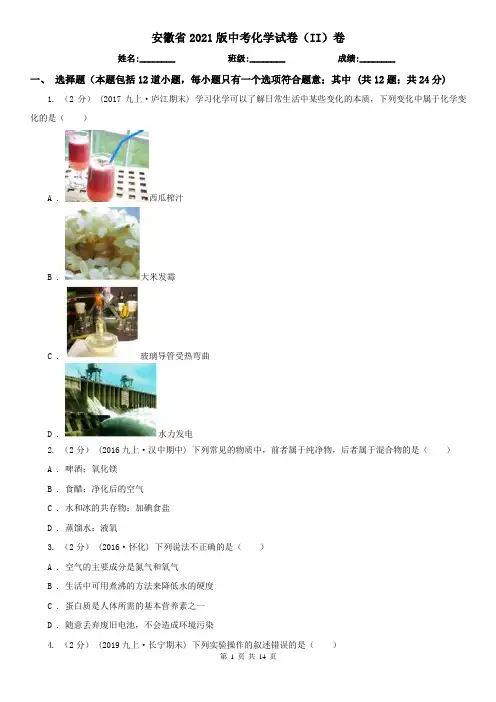 安徽省2021版中考化学试卷(II)卷(新版)