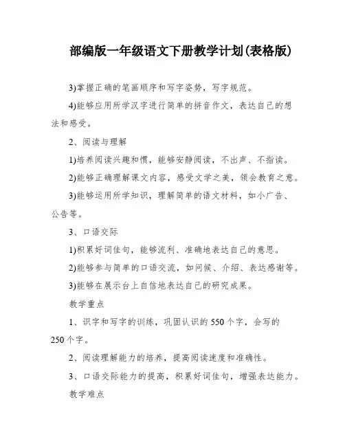 部编版一年级语文下册教学计划(表格版)