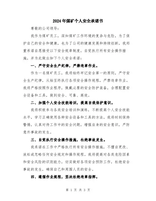 2024年煤矿个人安全承诺书