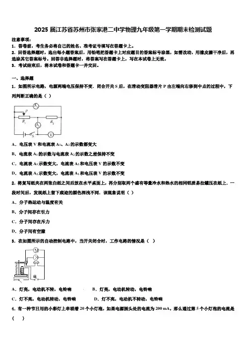 2025届江苏省苏州市张家港二中学物理九年级第一学期期末检测试题含解析