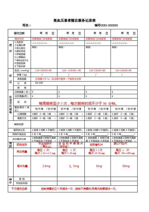 国家基本公共卫生高血压糖尿病随访表填写参考【范本模板】